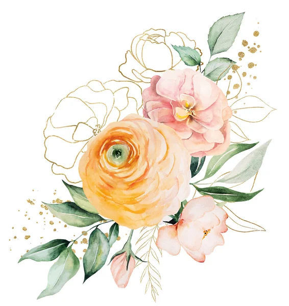 Bouquet Aus Hellrosa Und Orangen Aquarellblumen Und Grünen Blättern Illustration — Stockfoto