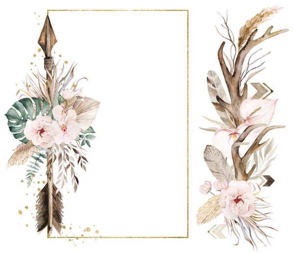 Zlatý Rám Aranžmá Akvarelovou Šipkou Tropickými Listy Květy Izolované Ilustrace — Stock fotografie