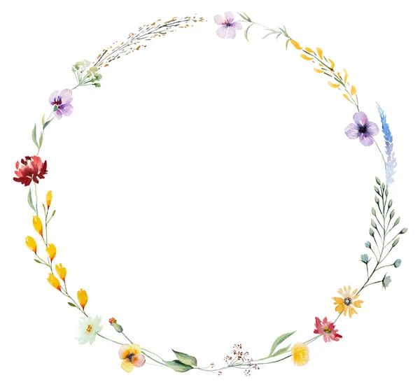 Okrągła Rama Wykonana Kolorowych Akwareli Dzikich Kwiatów Liści Ilustracji Odizolowany — Zdjęcie stockowe