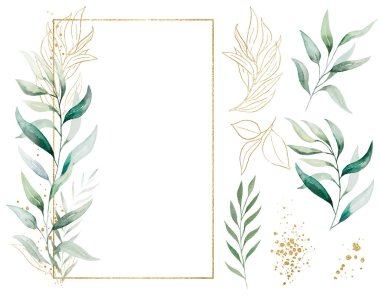 Rectangular golden frame with of green watercolor leaves bouquet, isolated illustration, copy space. Botanical vertical elements for romantic wedding stationery, greetings cards, printing and crafting clipart