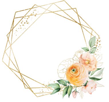 Açık pembe ve turuncu suluboya çiçeklerden ve izole edilmiş yeşil yapraklardan oluşan geometrik çerçeve. Romantik düğün kırtasiyesi ve tebrik kartları için pastel çiçeği.