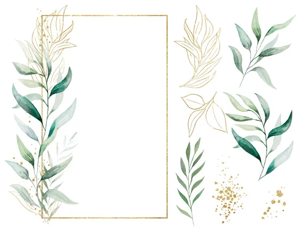 Cornice Rettangolare Dorata Con Verde Acquerello Foglie Bouquet Illustrazione Isolata — Foto Stock