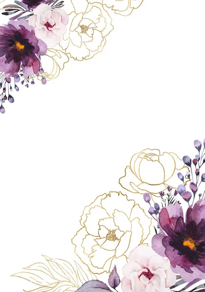 Frame Made Watercolor Purple Golden Peonies Flowers Leaves Isolated Illustration — Stock Photo, Image