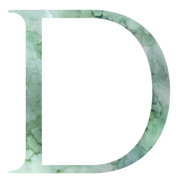 水彩スプラッター付きスチールグリーン文字D 孤立したイラスト 手描きのアルファベット緑の結婚式の文房具のための要素 — ストック写真