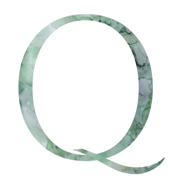 带有水彩斑斓的绿色字母Q 孤立的插图 绿色婚礼文具用手绘字母元素 — 图库照片