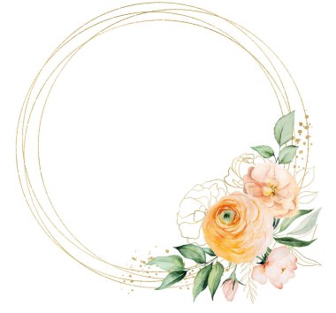 Açık pembe ve turuncu suluboya çiçeklerden ve izole edilmiş yeşil yapraklardan oluşan yuvarlak çerçeve. Romantik düğün kırtasiyesi ve tebrik kartları için pastel çiçeği.