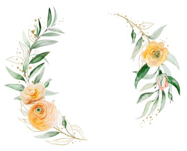 Turuncu ve sarı suluboya çiçeklerden ve yeşil yapraklardan yapılmış çelenk izole edilmiş. Romantik düğün veya sevgililer günü kırtasiyesi ve tebrik kartları için temel öğe