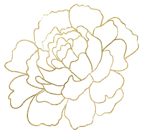 Ručně Kreslený Pivoňkový Květ Třpytivé Zlaté Izolované Ilustrace Romantický Květinový — Stock fotografie