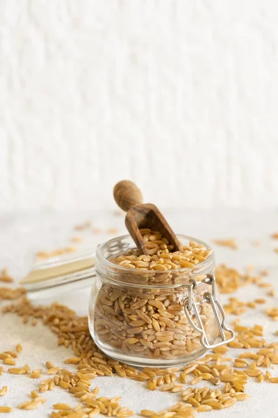 玻璃瓶的生干黑麦谷物与一个木制勺子在白色桌子上关闭 健康替代低谷蛋白种子 素食和素食的蛋白质来源 — 图库照片