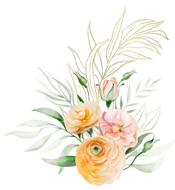 Turuncu ve sarı suluboya çiçeklerden ve yeşil yapraklardan yapılmış buket izole edilmiş. Romantik düğün veya sevgililer günü kırtasiyesi ve tebrik kartları için temel öğe