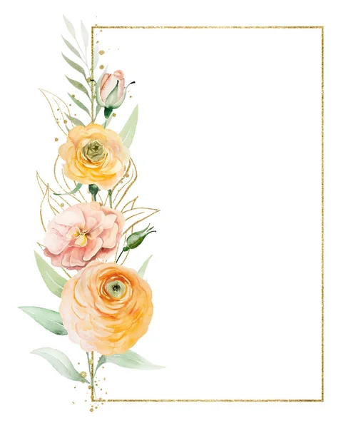 オレンジと黄色の水彩の花と緑の葉のイラストが孤立した長方形のフレーム ロマンチックな結婚式やバレンタインの文房具や挨拶カードのための花の要素 — ストック写真