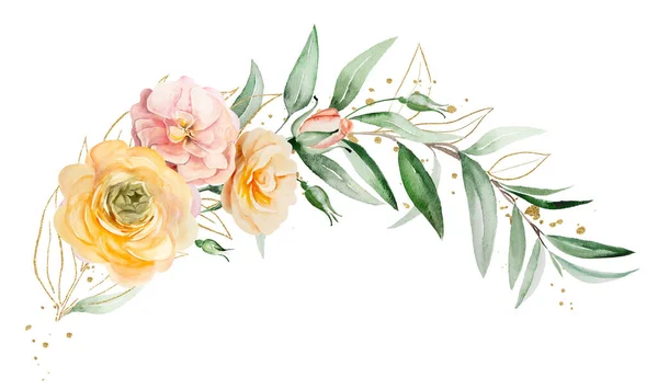 Bouquet Made Orange Yellow Watercolor Flowers Green Leaves Illustration Isolated — Stock Photo, Image