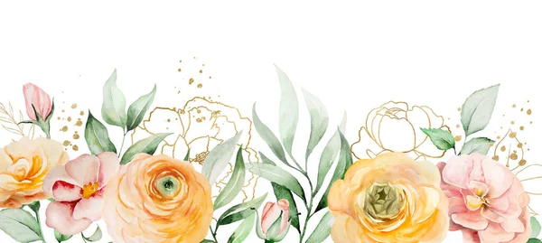 Border with orange and yellow watercolor flowers and green leaves illustration isolated. Floral element for romantic wedding or valentines stationery and greetings cards