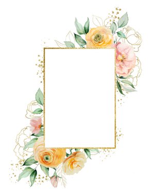 Turuncu ve sarı suluboya çiçekleri ve yeşil yapraklarla izole edilmiş dikdörtgen çerçeve. Romantik düğün veya sevgililer günü kırtasiyesi ve tebrik kartları için temel öğe