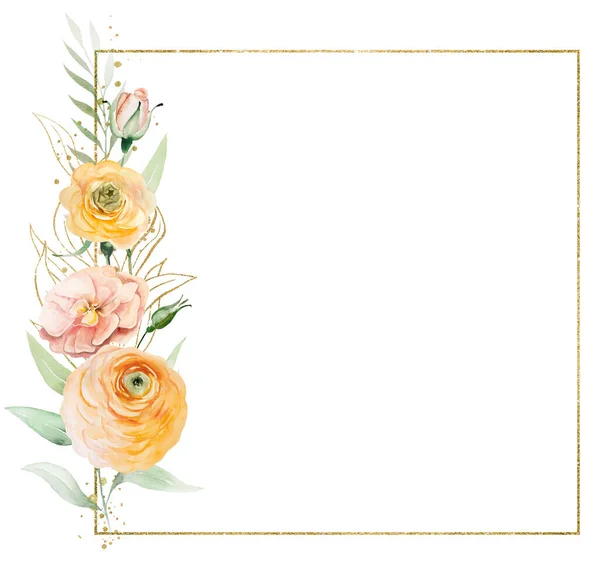方形框架与橙色和黄色水彩花和绿色的叶子插图隔离 浪漫婚礼或情人节文具和贺卡的花卉元素 — 图库照片
