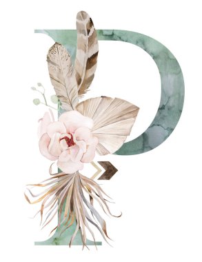 Kahverengi bej renkli tropik çiçekler ve tüylerle suluboya yeşil harf Z, kurutulmuş palmiye yaprakları ve pampa otları, bohem alfabesi izole edilmiş illüstrasyon. Boho ve etnik düğün kırtasiyesi için unsur