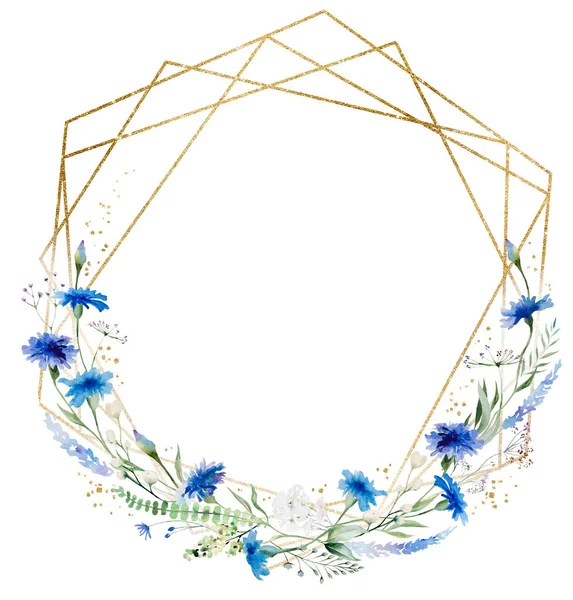Akvarel Modrá Chrpa Starý Geometrický Rám Izolované Ilustrace Wildflower Květinový — Stock fotografie