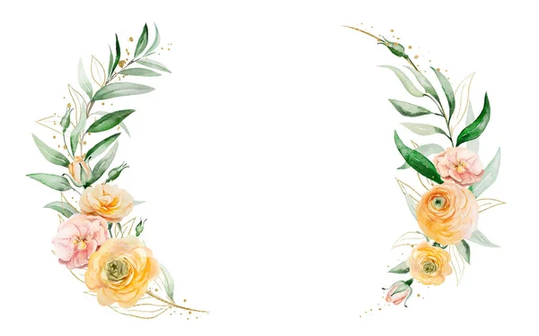 Ovaler Kranz Aus Orangefarbenen Und Gelben Aquarellblumen Und Grünen Blättern — Stockfoto