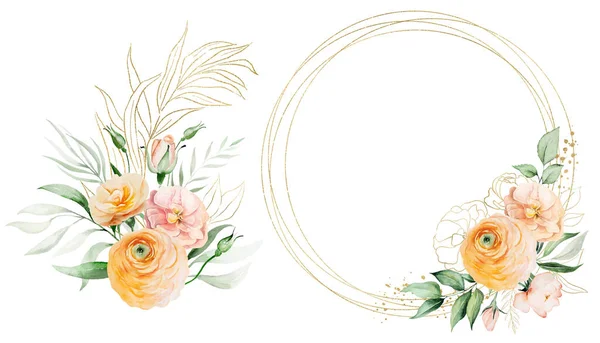Cadru Buchet Realizat Flori Acuarelă Portocalie Galbenă Frunze Verzi Ilustrație — Fotografie, imagine de stoc