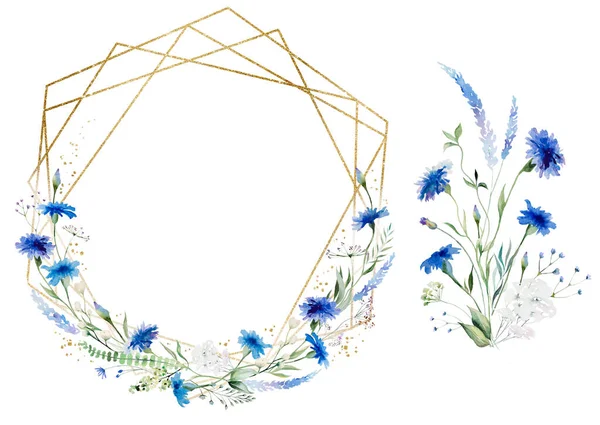 Akvarel Modrý Chrpa Divoké Květy Kulatý Rám Kytice Izolované Ilustrace — Stock fotografie