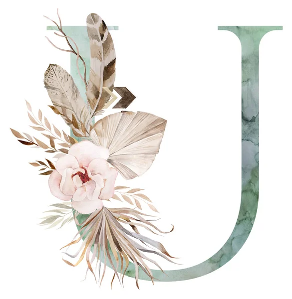 水彩绿的字母U与褐色的米色热带花和羽毛 棕榈叶和潘帕斯草 波希米亚字母孤立的插图 Boho和少数民族结婚文具的元素 — 图库照片