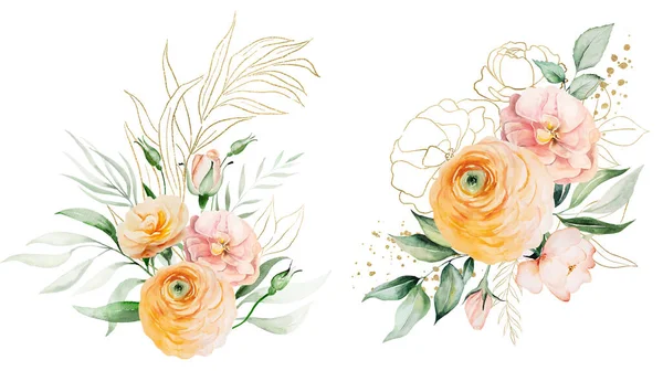 Sträuße Mit Orangefarbenen Und Gelben Aquarellblumen Und Grünen Blättern Illustration — Stockfoto