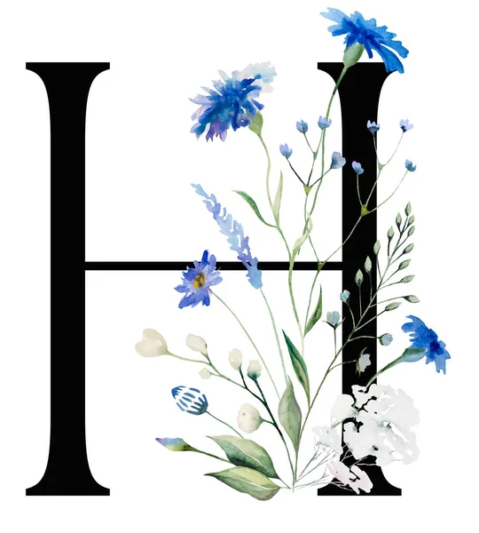 黑色字母H与水彩花蓝色的玉米花和野花奇思绿的叶子花束孤立的插图 婚礼文具和问候语的字母元素 — 图库照片