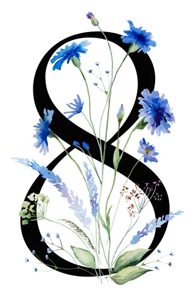 Noir Numéro Avec Aquarelle Bleu Bleuets Bouquet Fleurs Sauvages Isolé — Photo