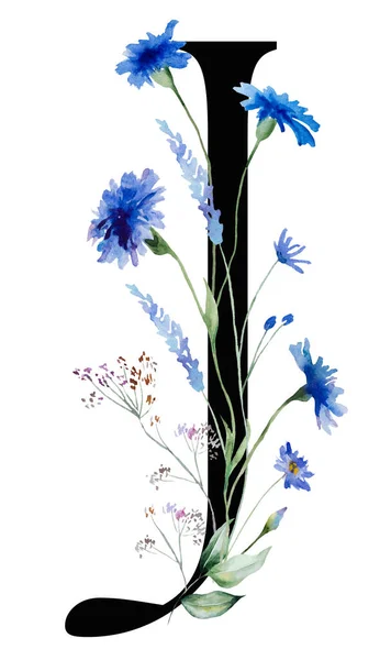 Lettre Noire Avec Aquarelle Bleuets Fleurs Sauvages Qith Vert Feuilles — Photo