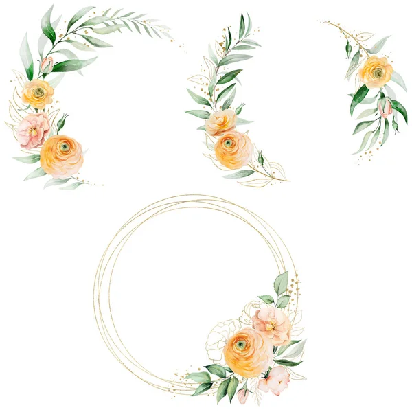 Frame Bouquet Wreath Made Orange Yellow Watercolor Flowers Green Leaves — Stock Photo, Image