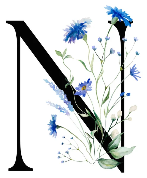 黑色字母N与水彩花蓝色的玉米花和野花奇思绿的叶子花束孤立的插图 婚礼文具和问候语的字母元素 — 图库照片