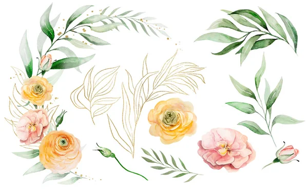 芬芳与橙色和黄色水彩花和绿色的叶子 单一元素 插图孤立 浪漫婚礼或情人节文具和贺卡的花卉元素 — 图库照片