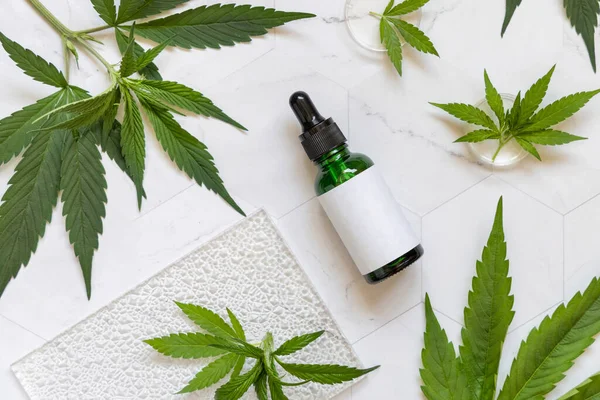 Garrafa Conta Gotas Com Etiqueta Branco Perto Folhas Cannabis Sativa — Fotografia de Stock