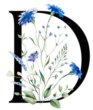 Mavi çiçek ve kır çiçekleriyle suluboya D harfi yeşil yapraklarla izole edilmiş. Düğün kırtasiyesi ve selamlama için alfabe ögesi