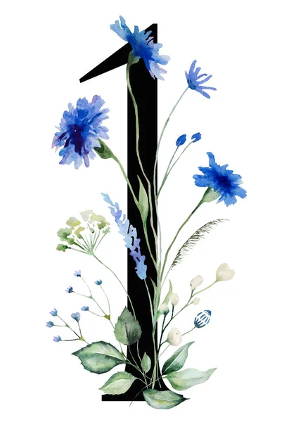 Svart Nummer Med Vannfargeblå Maisblomster Blomsterbukett Isolert Sommerblomst Nummer Alfabet – stockfoto