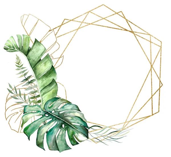 Кругла Рамка Зроблена Зеленого Золотистого Акварельного Тропічного Банана Пальмового Чернечого — стокове фото