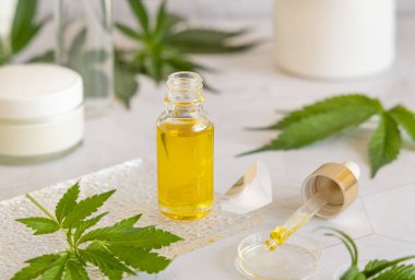 Yeşil kenevir sativa yapraklarının yanında pipetle açılmış bir şişe mermer bir masanın üzerinde. Organik cilt bakım ürünü. Çevre dostu CBD oi