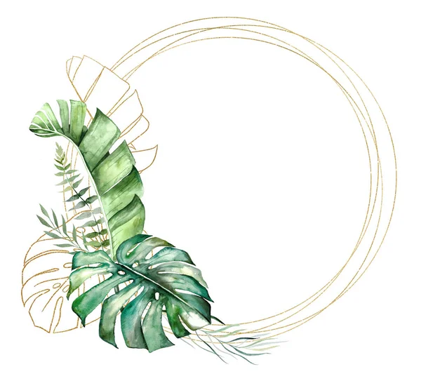 Runder Rahmen Aus Grünen Und Goldenen Aquarellen Tropischer Bananen Palmen — Stockfoto