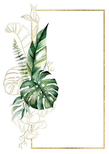 Каркас Зроблений Зеленого Золотистого Акварельного Тропічного Банана Пальмового Чернечого Листя — стокове фото