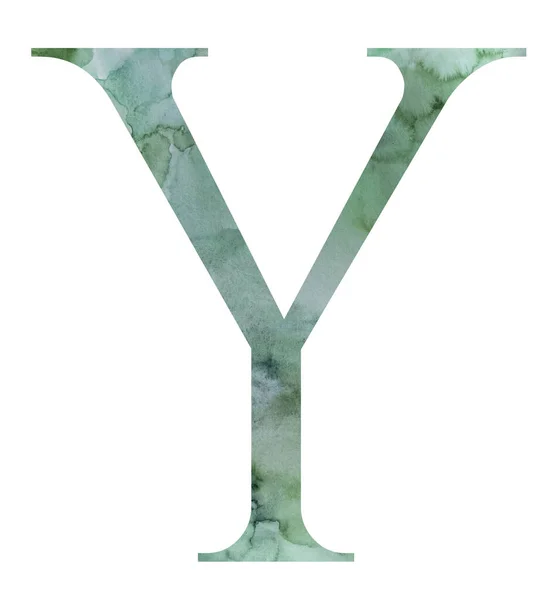 水彩スプラッターで緑の文字とYをシール 孤立イラスト 手描きのアルファベット緑の結婚式の文房具のための要素 — ストック写真