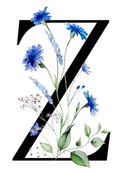 水彩ブルーのコーンフラワーと野の花の黒い文字Zは 緑の葉の花束を孤立イラストを残します 結婚式の文房具や挨拶のアルファベット要素 — ストック写真
