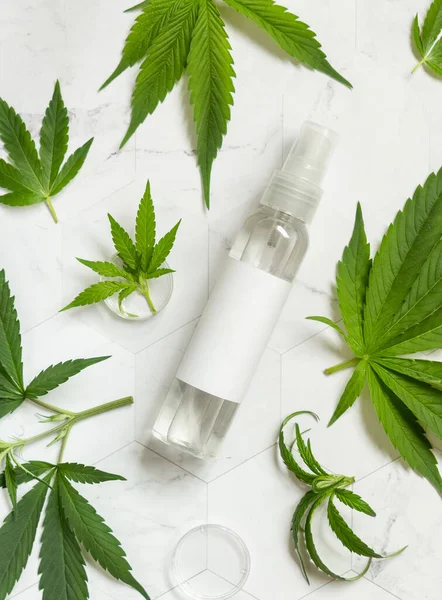 Garrafa Spray Com Rótulo Branco Perto Folhas Cannabis Sativa Verde — Fotografia de Stock