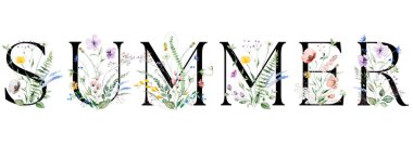 Sözcük, suluboya kır çiçekleri ve yapraklarla süslenmiş siyah harflerle yazıldı, izole bir illüstrasyon. Düğün ve karşılama tasarımı için yaz çiçeği elementi