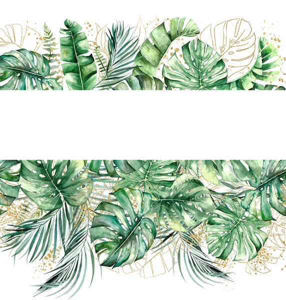 Бордюр Зеленой Золотой Акварелью Бананом Пальмовыми Чудовищными Листьями Отдельная Иллюстрация — стоковое фото