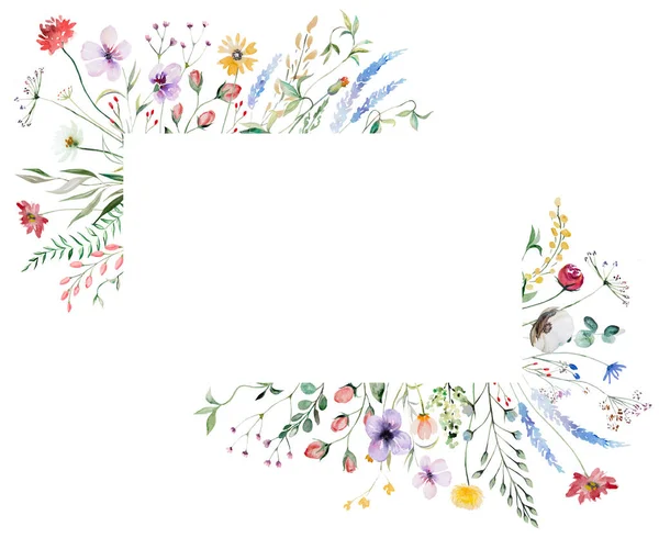 矩形框架由五彩缤纷的水彩画野花和树叶制成 与外界隔绝 夏季婚礼文具和问候卡片花园花框 — 图库照片