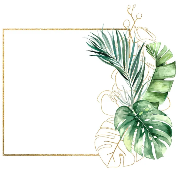 Квадратна Рамка Зеленого Золотистого Акварельного Тропічного Банана Пальмового Чернечого Листя — стокове фото