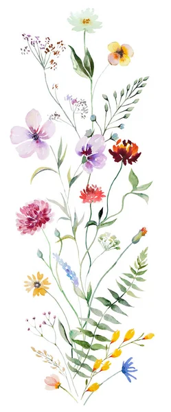 Boeket Gemaakt Van Kleurrijke Aquarel Wilde Bloemen Bladeren Illustratie Geïsoleerd — Stockfoto