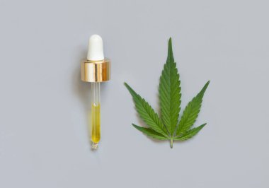 Yeşil kenevir yakınlarındaki CBD yağlı boru gri renkte üstten görünüyor. Organik sağlık ürünleri. Rahatlamak ve uyumak için çevre dostu CBD yağı. Alternatif tıp konsepti