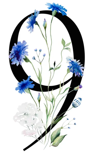 Чорний Номер Акварельними Синіми Квітами Букетом Диких Квітів Ізольовані Літній — стокове фото