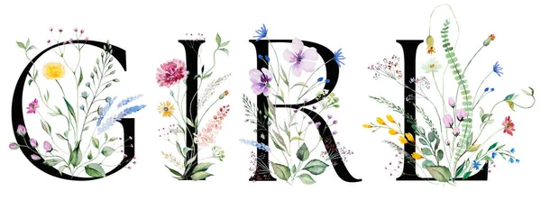 Word Girl Made Black Letters Decorated Watercolor Wildflowers Leaves Summer — Stock Photo, Image